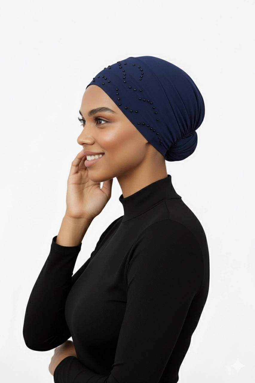 Topuzlu Lacivert Hazır Türban Tesettür Bone Lacivert