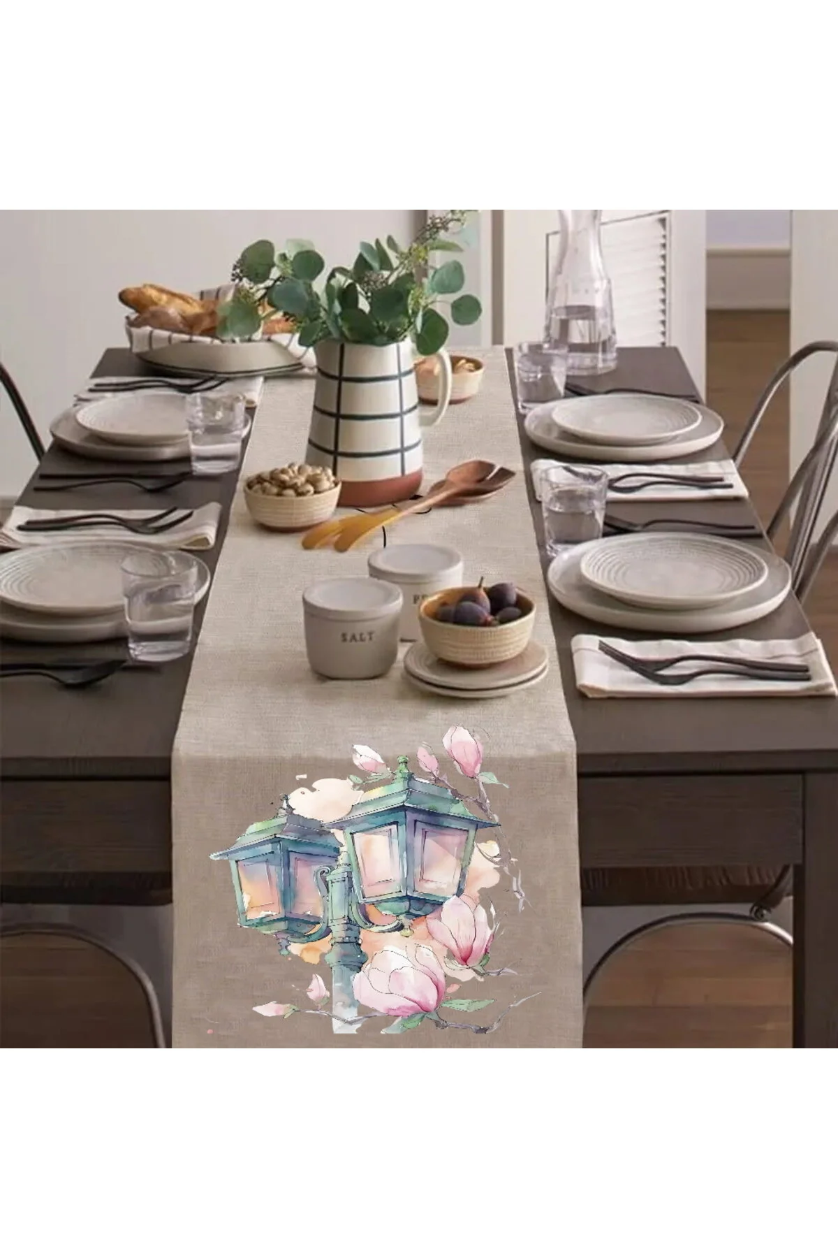 Çiçekli Sokak Lambası Runner, Runer, Masa Örtüsü, Sofranıza Zarafet Katın Runner, Masa Örtüsü Çok Renkli