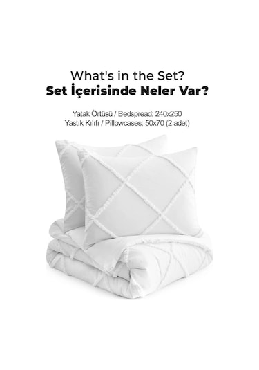 Evlen Home Pamuklu Aimar Yatak Örtüsü Takımı Çift Kişilik Günlük Boho 3 Parça Elyaf Dolgulu Beyaz Beyaz