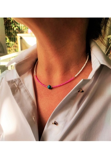 GOLD KAPLAMA ASORTİ DOĞALTAŞ PEMBE BONCUK KOLYE-KOL123 Bakır