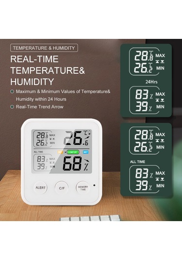 Springsun Yüksek Hassas Manyetik Termo-higrometre, Lcd Ekran, / Geçiş, 24s Max/min Kayıt, Konfor Hatırlatmalı, Beyaz