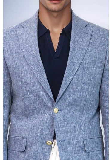 Koyu Mavi Keten Dokulu Gold Renk Metal Düğmeli Slim Fit Erkek Blazer Ceket - Wessi Navy Blue