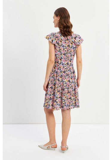 Stella Pulvis Çok Renkli Volanlı Kuplu V Yaka Midi Elbise Çok Renkli