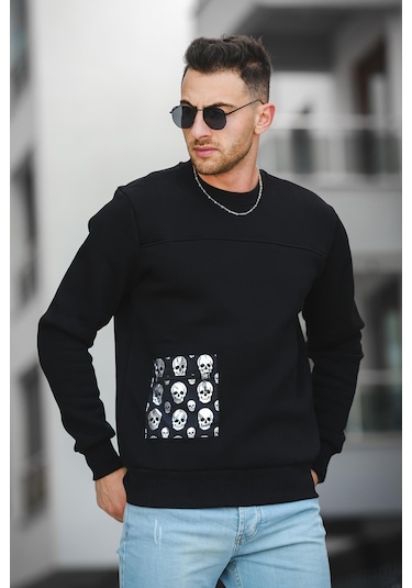 Trc 2173 Üç İplik Şardonlu Kuru Kafa Baskılı Cep Detaylı Erkek Sweatshirt 001