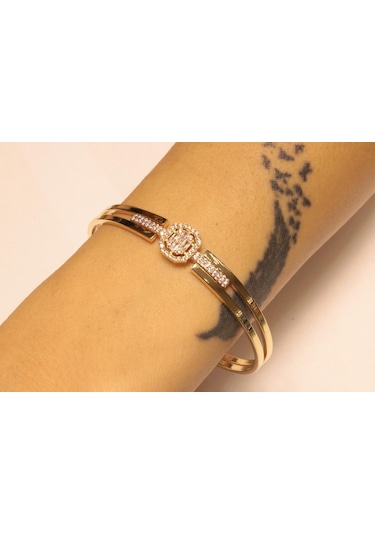 Altın Baget Taşlı Kaburga Kelepçe Bilezik 3274 Sarı Sarı Altın