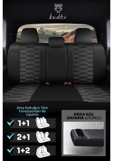 Siyah - Gri Butti Libro Serisi Keten Kumaş Premium Oto Koltuk Kılıfı Destekli, Ön Arka Tam Set