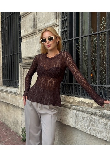 Kadın Bisiklet Yaka Full Esnek Dantel Bürümcük Spor Şık Tasarım Asimetrik Kesim Gece Bluzu Kahverengi
