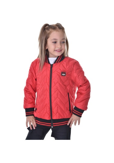 Kız Çocuk Kırmızı Kolej Yaka İçi Astarlı Su Ve Rüzgar Geçirmez Fermuarlı Cep Mont Ceket Kırmızı