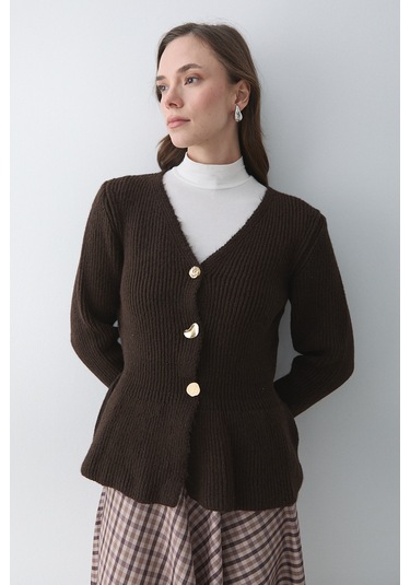 Kahverengi 3 Düğmeli Pileli Hırka - 251065 Kahverengi