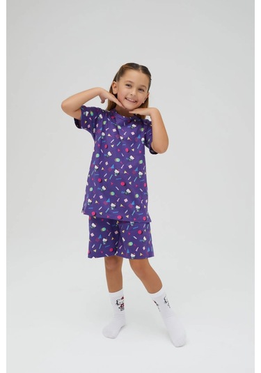 Hello Kitty Kız Çocuk Kısa Kollu Şortlu Pamuklu Pijama Takımı Renklı