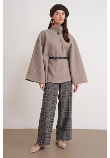 4768 Kadın Kemerli Panço Premium Kaşe Ceket Vizon VIZON