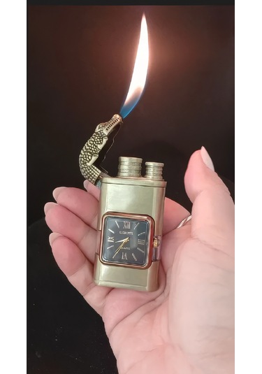 Timsah Başlıklı Antik Gold Saatli Çakmak Çok Renkli