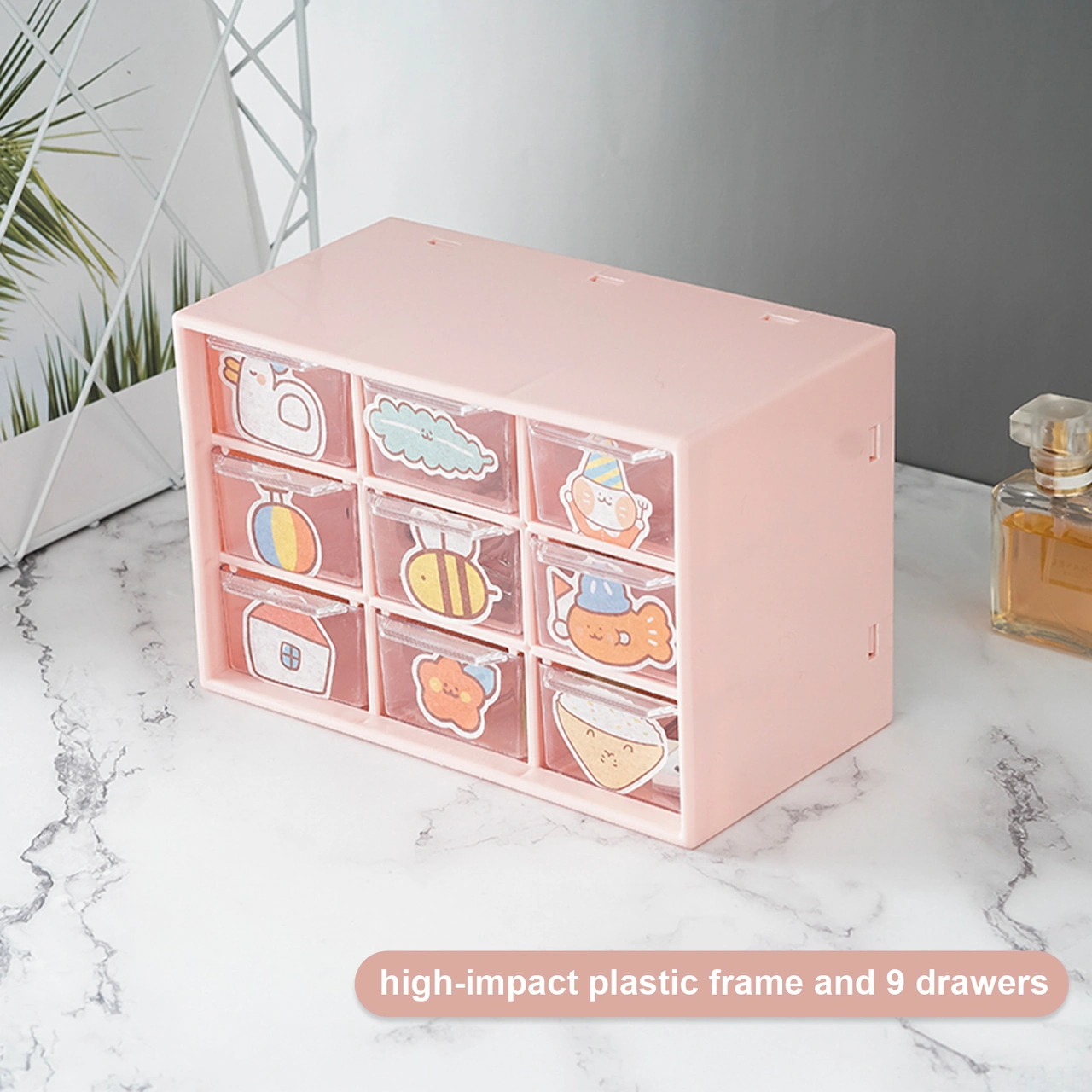 Yuntech01 Plastik 9 Bölmeli Çekmeceli Depolama Kutusu - Toz Koruma - Pembe - Parça Ve Alet Saklama Pembe