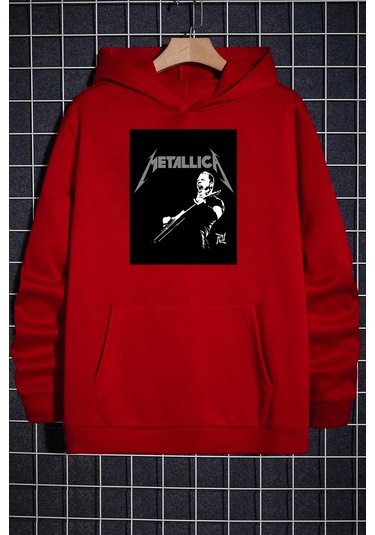 Unisex Metalica Baskılı Oversize Sweatshirt Kırmızı