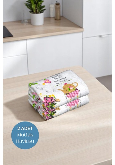 2li Paket Baskılı Beyaz Mutfak Havlusu Modeli Bisikletli Kız