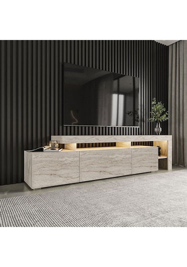 Beliz Modern LED Işıklı 3 Kapaklı, Raflı TV Sehpası – 192 cm, Traverten