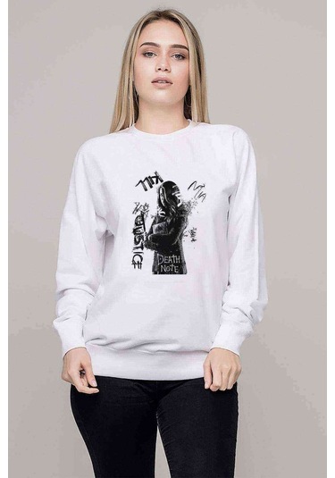 Anime Death Note Baskılı Beyaz Kadın Sweatshirt (528292803)