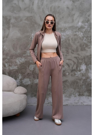 Elaxi Modal Kumaş Slim Fit Kapüşonlu İkili Takım VİZON