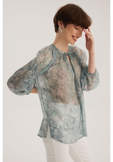 Stella Pulvis Mavi Bağlama Detaylı Reglan Kol Yuvarlak Yaka Bluz