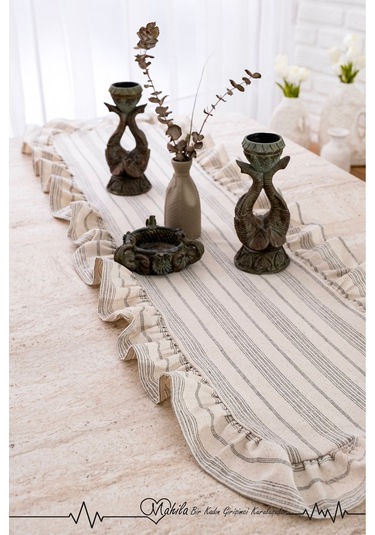 Siyah Süprem Çizgili 40x125 Şık Tasarım Ekstra Büyük Fırfırlı Runner, %100 Keten Runner Bej