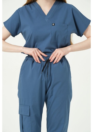 İndigo Likralı Kargo Cep Jogger Paça Doktor Hemşire Forması Tek Alt Unisex