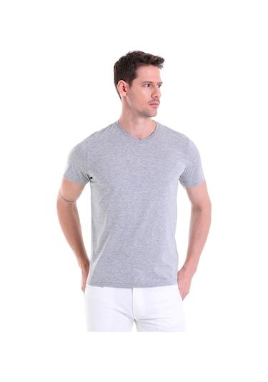 Hatemoğlu Gri Melanj Düz Slim Fit 100% Pamuk V Yaka Tişört Gri