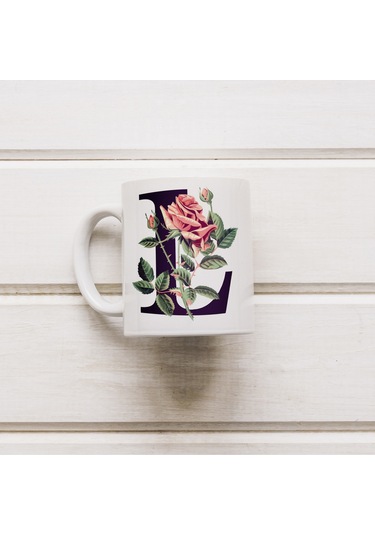 L Baş Harf Kırmızı Güller İle Sarılı Bardak 330 Ml Kişiye Özel Çiçekli Hediye Beyaz