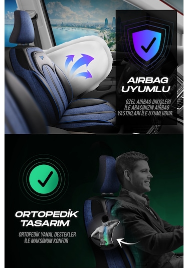 Mavi - Siyah Panda Sevılla Serısı Keten Kumaş Oto Koltuk Kılıfı - Tam Set