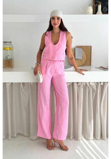 Çizgili Kumaş Yelek Takım Pembe Pembe