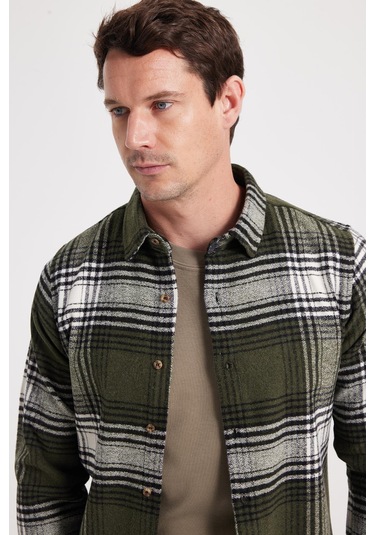 Tudors Erkek Slim Fit Dar Kesim Kareli Kışlık Oduncu Gömlek-42372 Haki