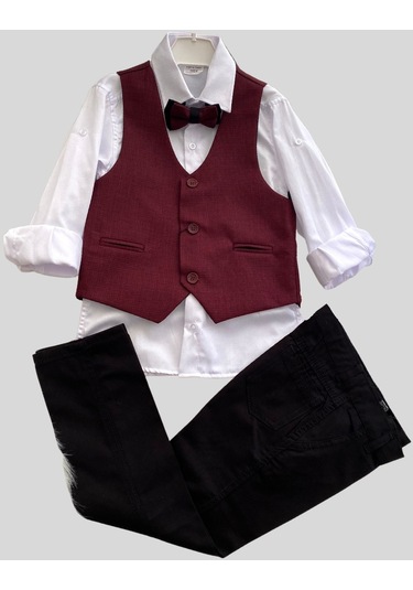 Yelekli Papyonlu Erkek Çocuk Takım Elbise Bordo