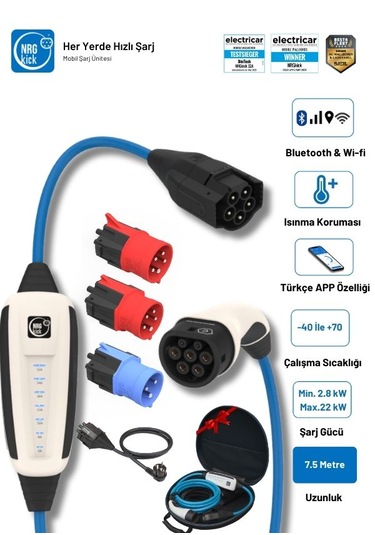 Çantalı Premium Set 16a&32a 2.8-22kw 7.5m Ev Prizli Wifi+bluetooth Monofaze & Trifaze Ac Mobil Şarj Wallbox 22 Kw