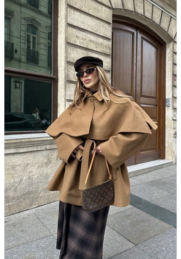 Camel Livia Pelerin Detaylı Kaşe Kaban Camel