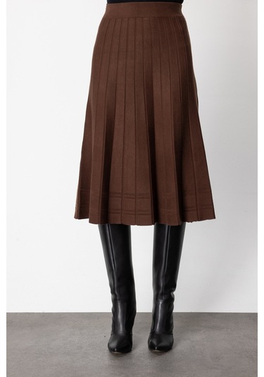 On Kadın Pileli Midi Boy Triko Etek 60201 Kahverengi Kahverengi