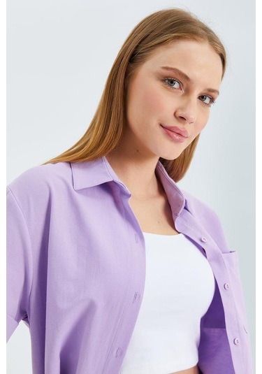 Mixray 3950 Kadın Oxford Kısa Kollu Basic Gömlek Lila