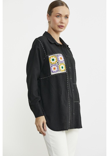 Renkli Dantel Detaylı Tunik Gömlek - Siyah Siyah