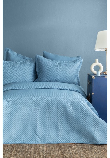 İssimo Home Simply Gökyüzü Mavi Çift Kişilik %100 Pamuk Saten Yatak Örtüsü Seti Mavi