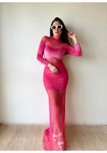 Kadın Balıkçı Yaka Transparan Dekolteli Fırsat Ürün Elbise Pembe