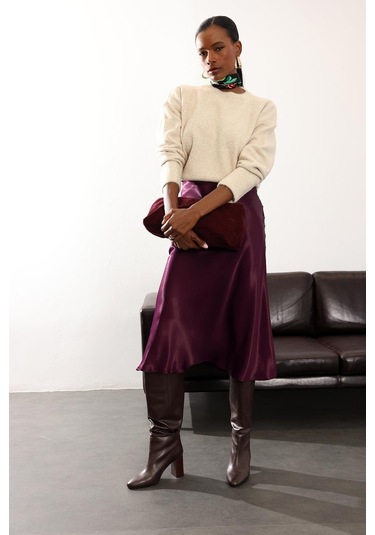 Mürdüm Saten Volanlı Etek 17000 Mürdüm