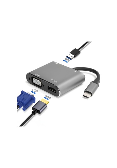 Speeduf Type-c 4 In 1 4k Hdmı Vga Usb 3.0 Type-c Şarj Girişli