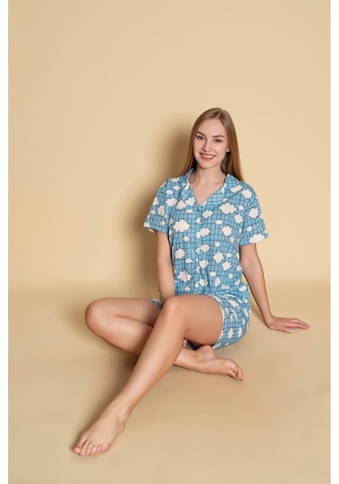 Kadın Gömlek Şort Desenli Pijama Takımı Mavi