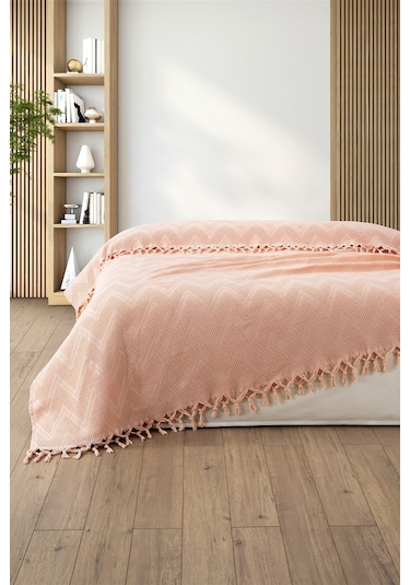 %100 Pamuk Çift Kişilik Bağlama Saçaklı Pike-220x240 Cm-pudra Pudra Pudra
