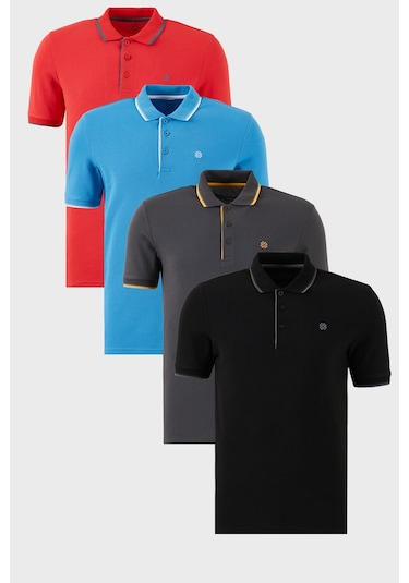 Buratti Pamuklu Slim Fit Şerit Detaylı Düğmeli Polo Yaka 4'Lü Paket Erkek T Shirt 5902118S4 Siyah-Kırmızı-Antrasit-Koyu Mavi