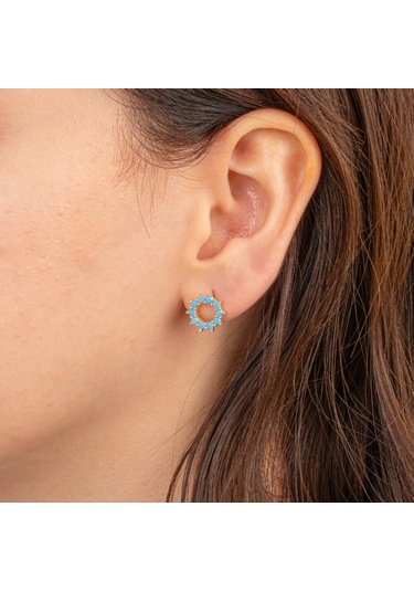 Altın Küpe - 14 Ayar Altın Yuvarlak Firuze Turkuaz Taşlı Küpe Sarı