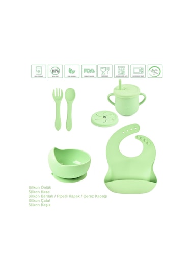 Jojobebek Çocuk Silikon Mama Önlüğü, Silikon Vakumlu Kase, Silikon Çatal-kaşık, Silikon Pipetli Bardak Yeşil