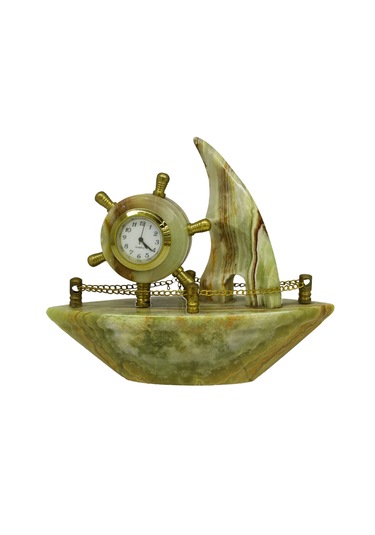 Oniks Taş Vapur Figürlü Saat - Doğal Desenli Oniks Taş