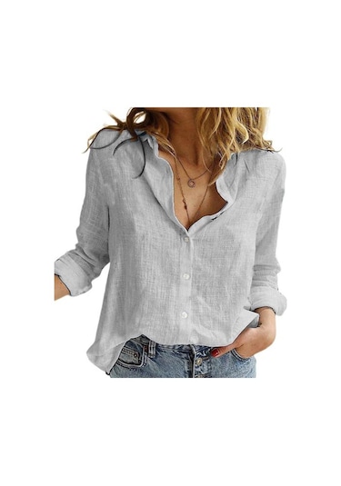 Gri Büyük Beden Renkli Tek Sıra Düğmeli Yaz Katı Zarif Bol Kesim Gömlek Gri