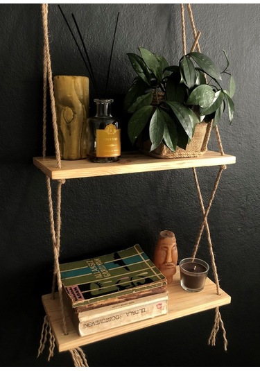 O&Awood 2 Katlı Ahşap Çiçeklik, Halatlı Doğal Ahşap Dekoratif Duvar Rafı,