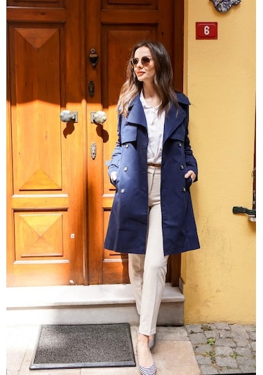 Pastelastore %100 Pamuk Gabardin Midi 95cm Astarlı Kemerli Kadın Trençkot 1113 Lacivert