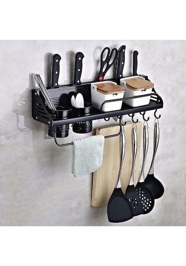 Sones A Versiyon 50cm 2 Bardak 8 Kanca Mutfak Çok Fonksiyonlu Duvara Monte Baharatlık Saklama Rafı Siyah